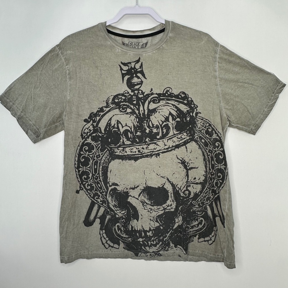 VTG Black Jack Skull Crown Graphic Tee Y2K Gothic Punk Grunge Biker XL‎ Cotton